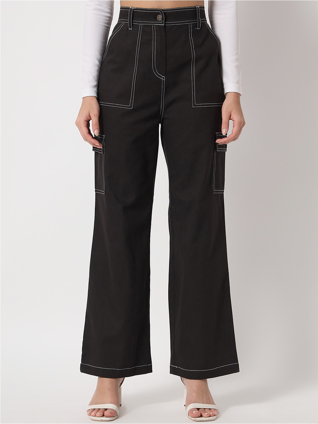 

Orchid Blues Women Black Flared High-Rise Pure Cotton Trousers