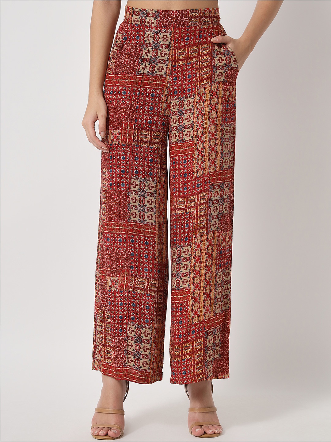 

Orchid Blues Women Maroon Ethnic Motifs Printed Flared Pure Cotton Trousers