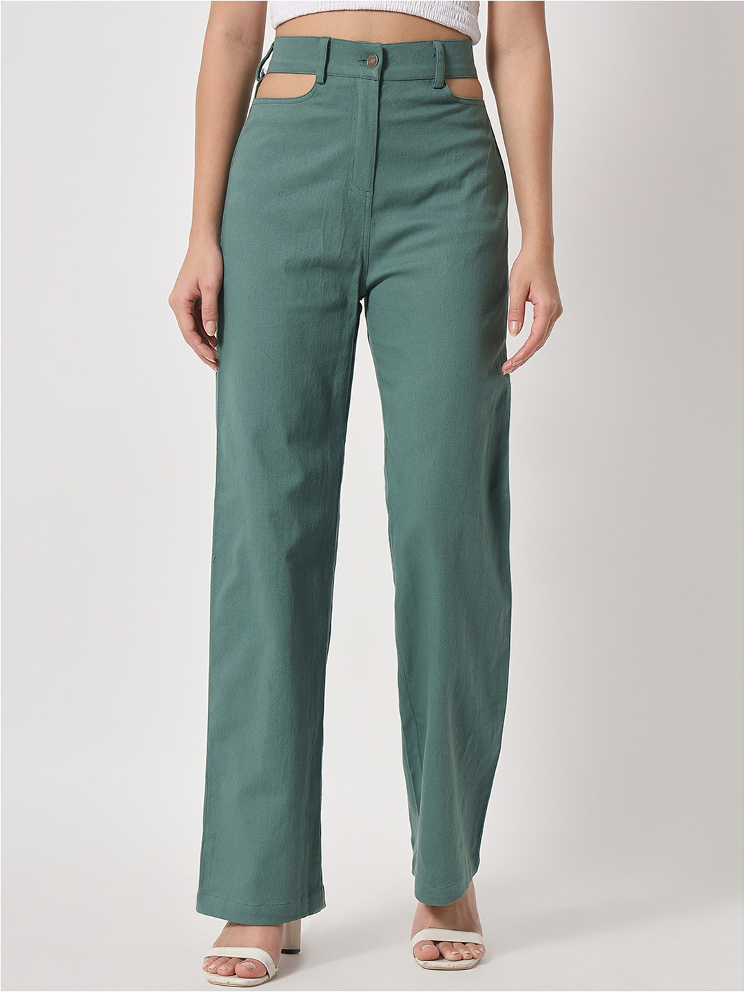 

Orchid Blues Women Green Flared High-Rise Pure Cotton Trousers