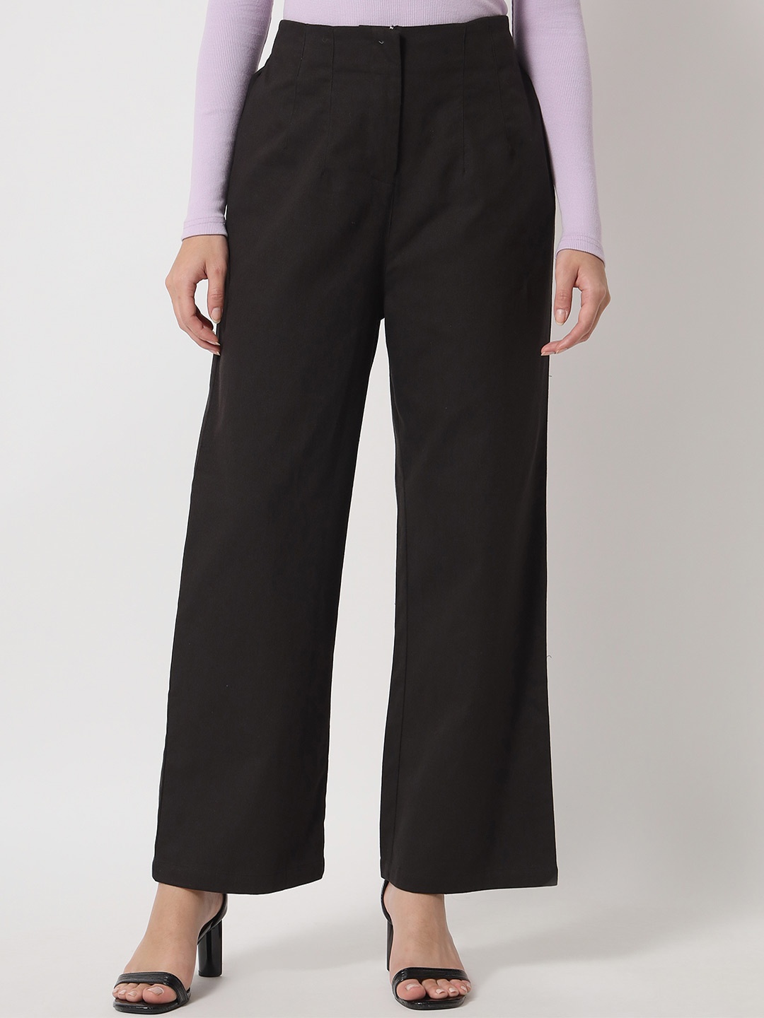 

Orchid Blues Women Black Flared High-Rise Pure Cotton Trousers