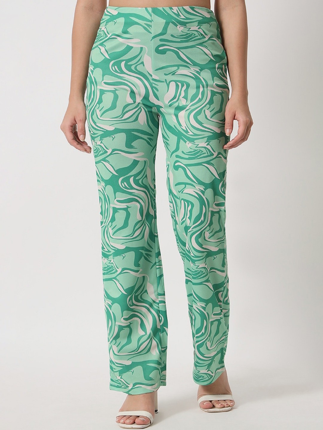 

Orchid Blues Women Green Printed High-Rise Pure Cotton Trousers
