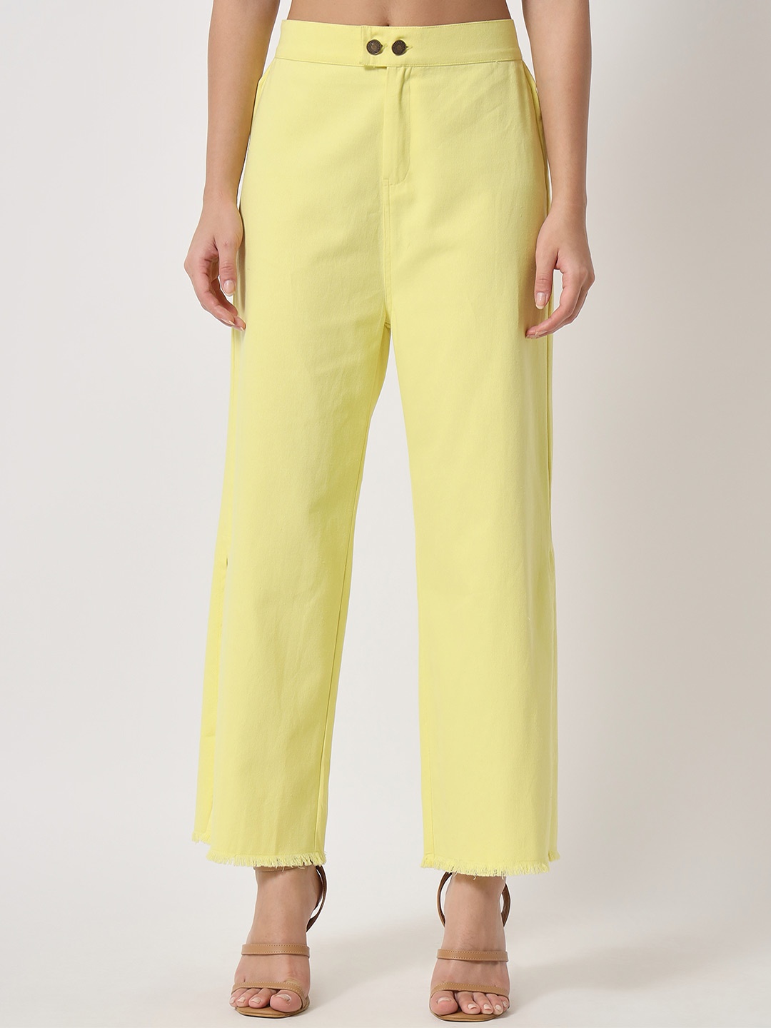 

Orchid Blues Women Yellow Flared High-Rise Pure Cotton Trousers
