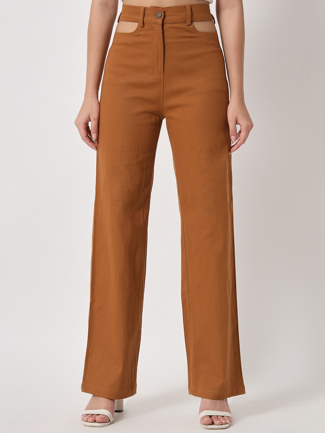 

Orchid Blues Women Brown Flared High-Rise Cotton Trousers