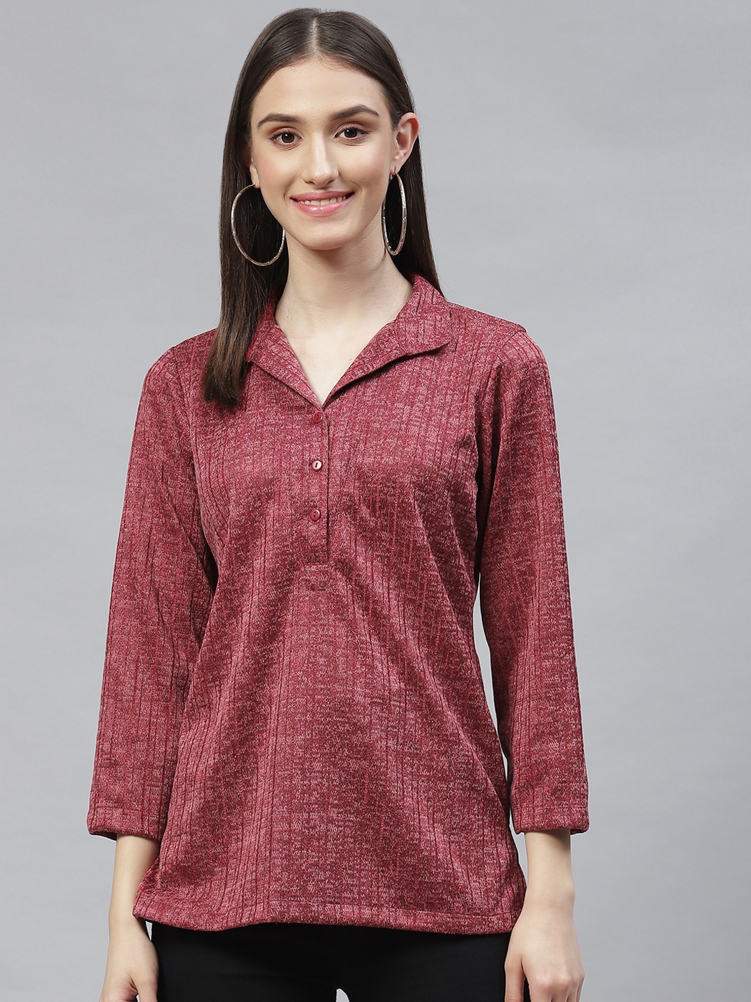 

Ayaany Women Red Striped Scuba Shirt Style Top