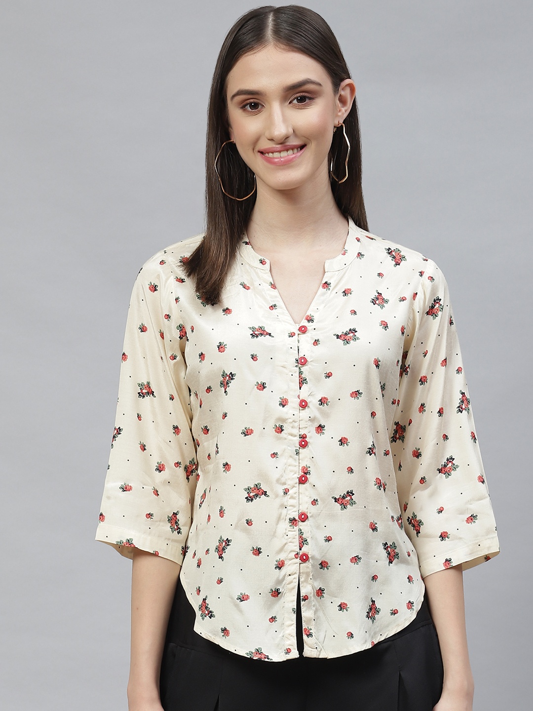 

Ayaany Women Satin Floral Print Shirt Style Top, Cream