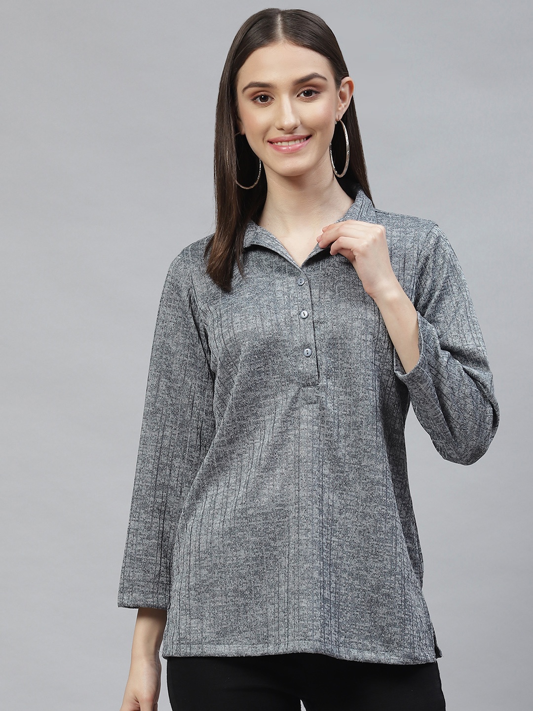 

Ayaany Women Grey Striped Scuba Shirt Style Top