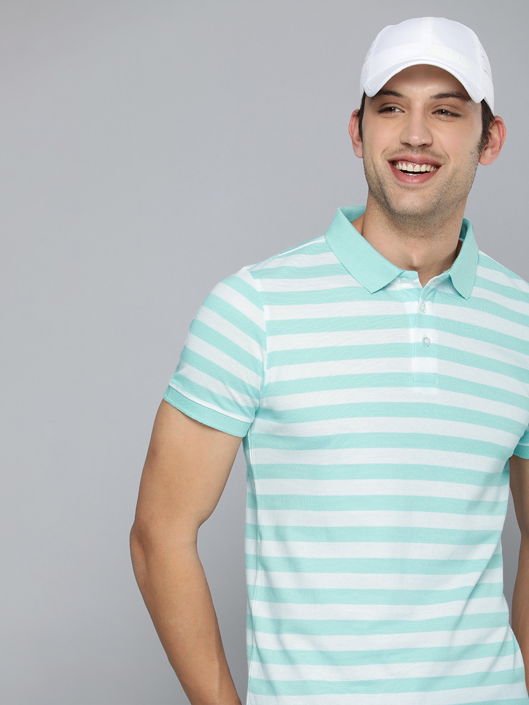 

HERE&NOW Men Blue Striped Polo Collar Pure Cotton T-shirt