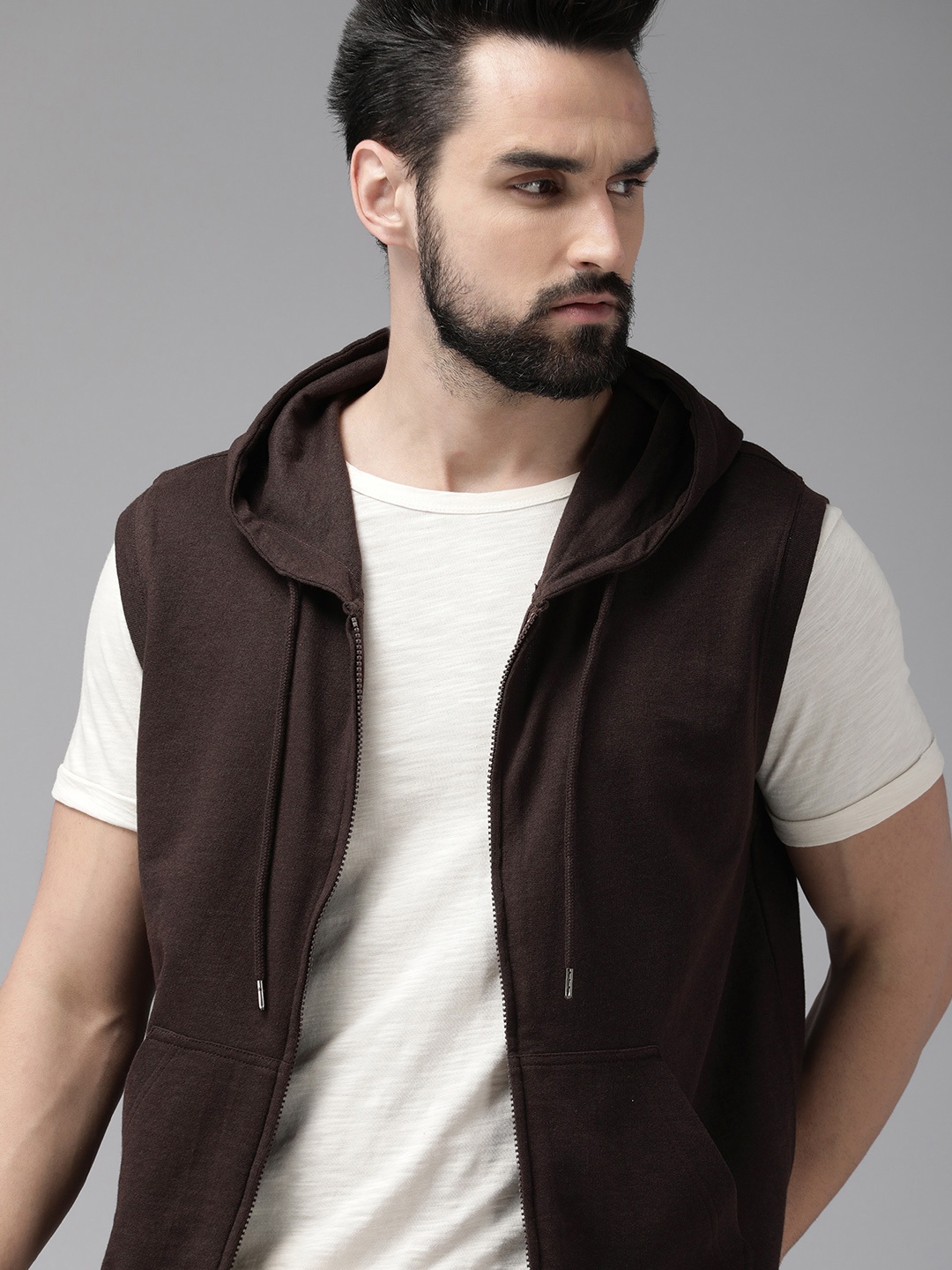 

Roadster Men Coffee Brown Solid Hooded Sweatshirt