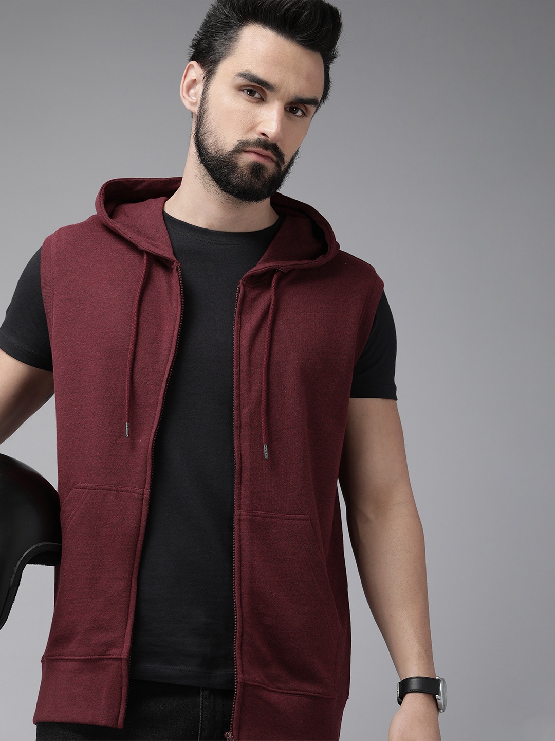 

Roadster Men Burgundy Solid Hooded Sweatshirt