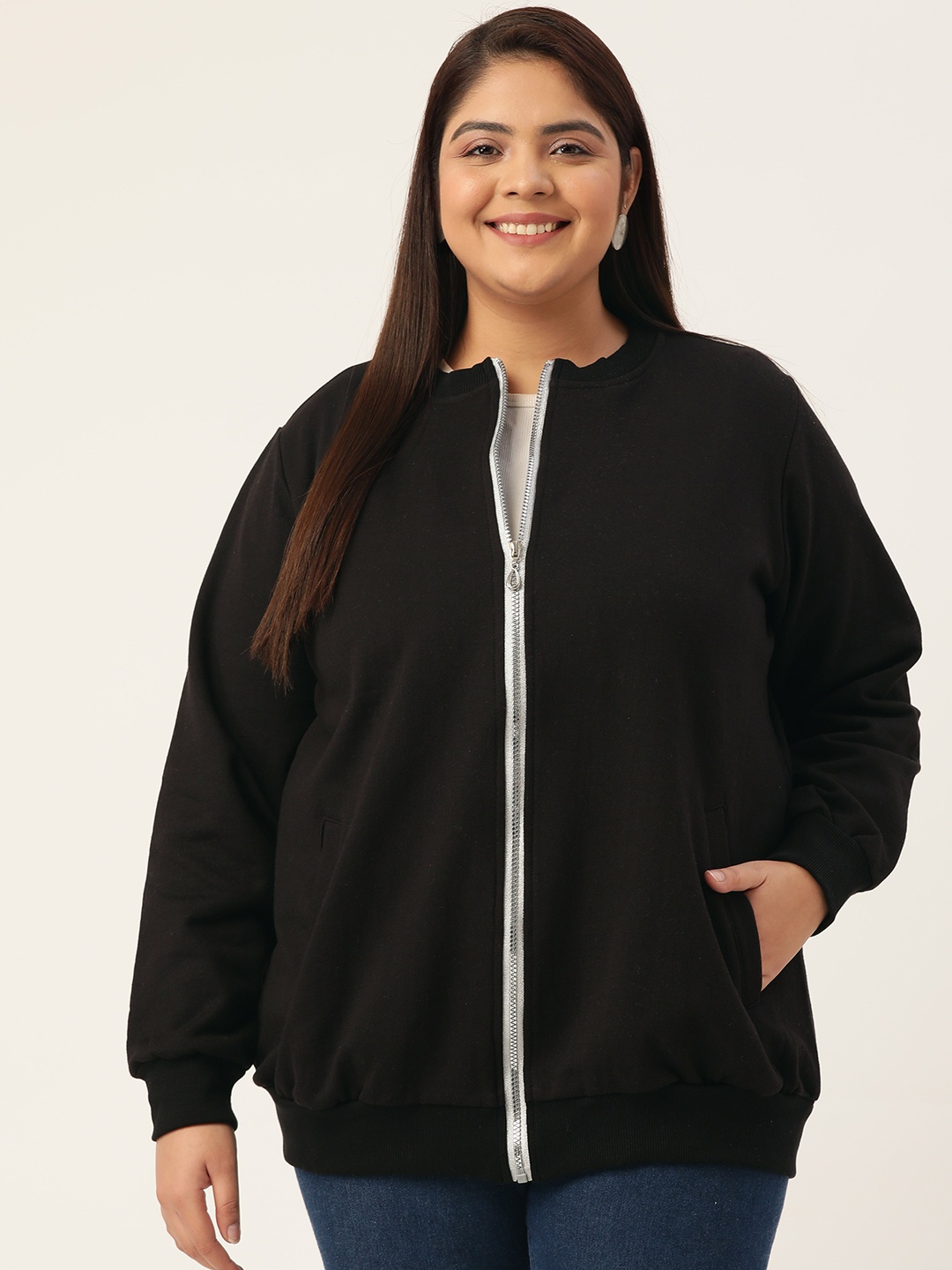 

theRebelinme Plus Size Women Black Solid Stand Collar Front Open Sweatshirt