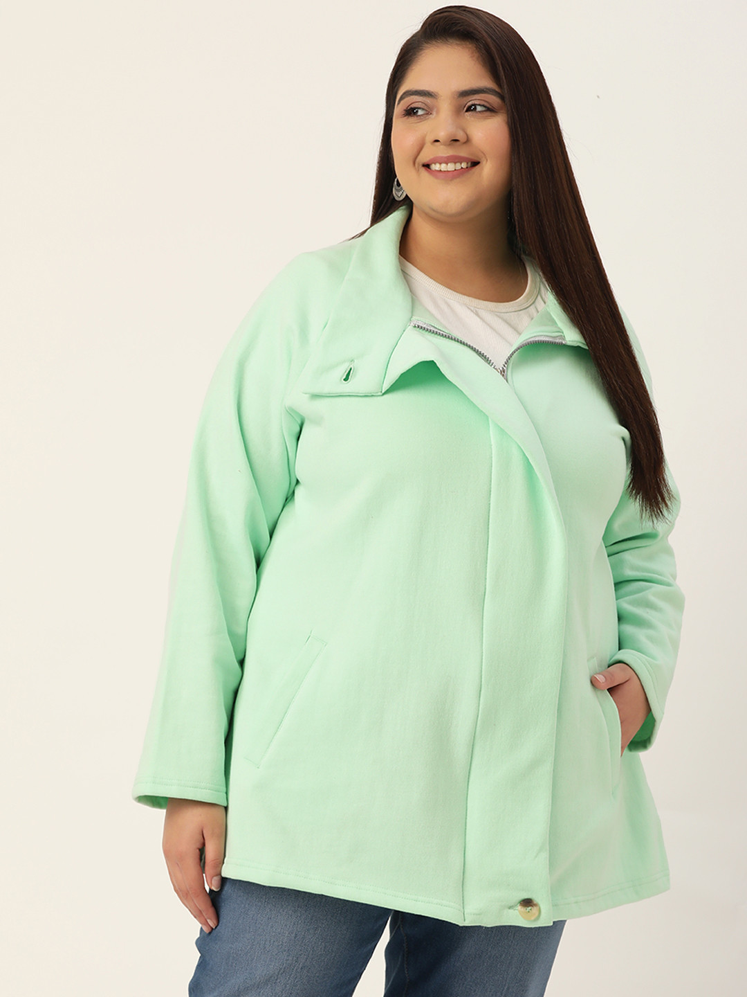 

theRebelinme Plus Size Women Sea Green Fleece Tailored Jacket
