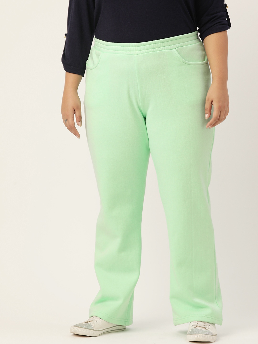 

theRebelinme Plus Size Women Sea Green Relaxed Fleece High-Rise Easy Wash Trousers