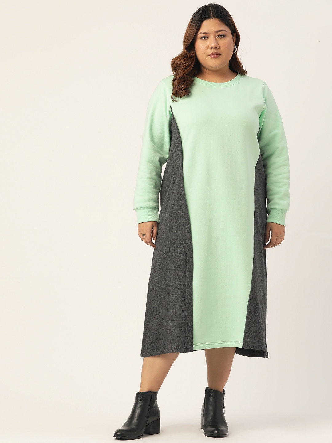 

theRebelinme Women Green & Charcoal Colourblocked Jumper Midi Dress