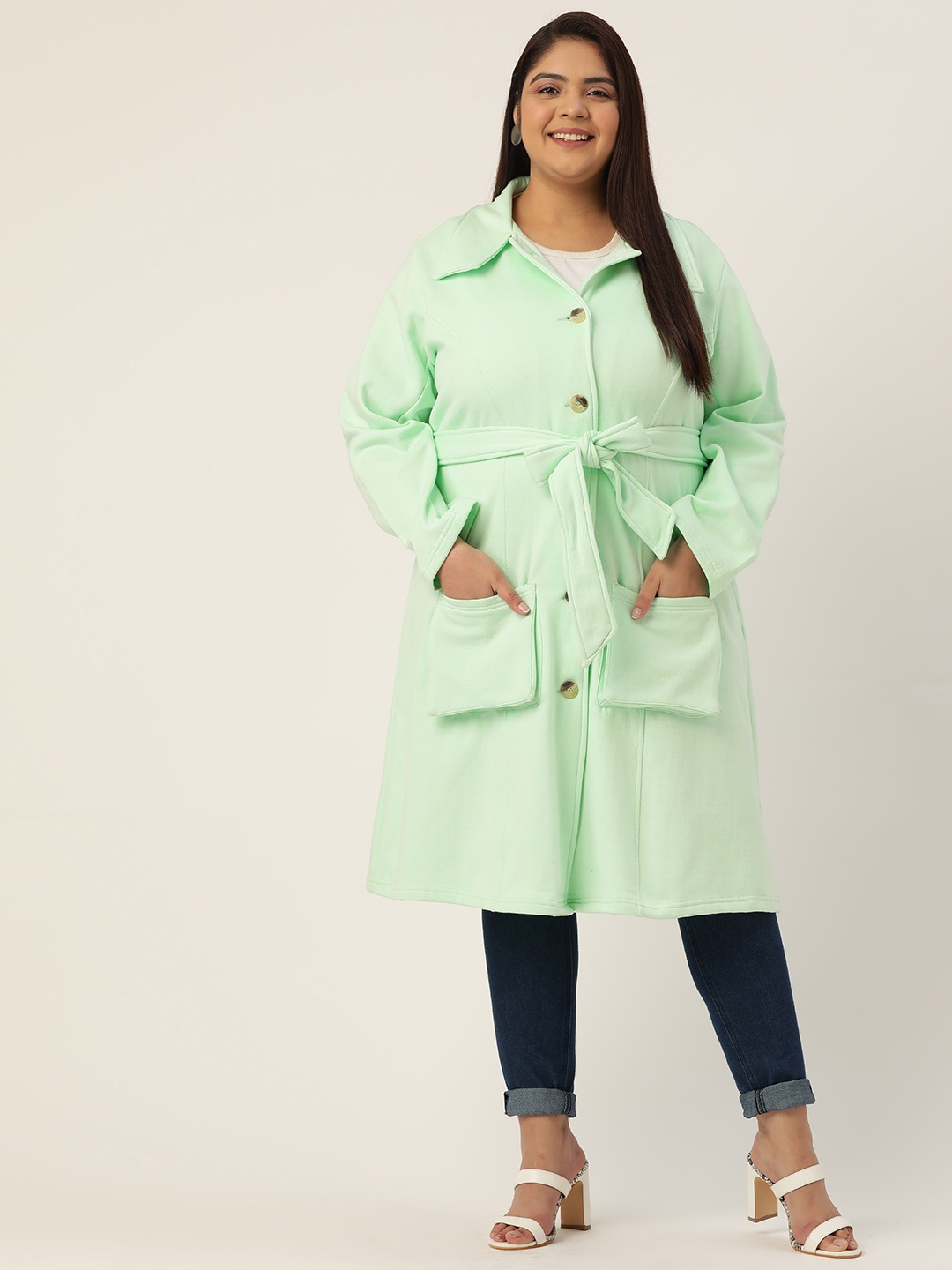 

theRebelinme Plus Size Women Sea Green Trench Coat