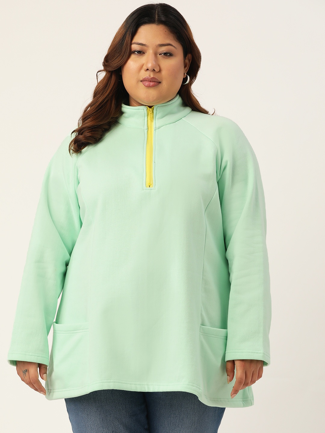 

theRebelinme Plus Size Women Sea Green Fleece Mock Collar Sweatshirt