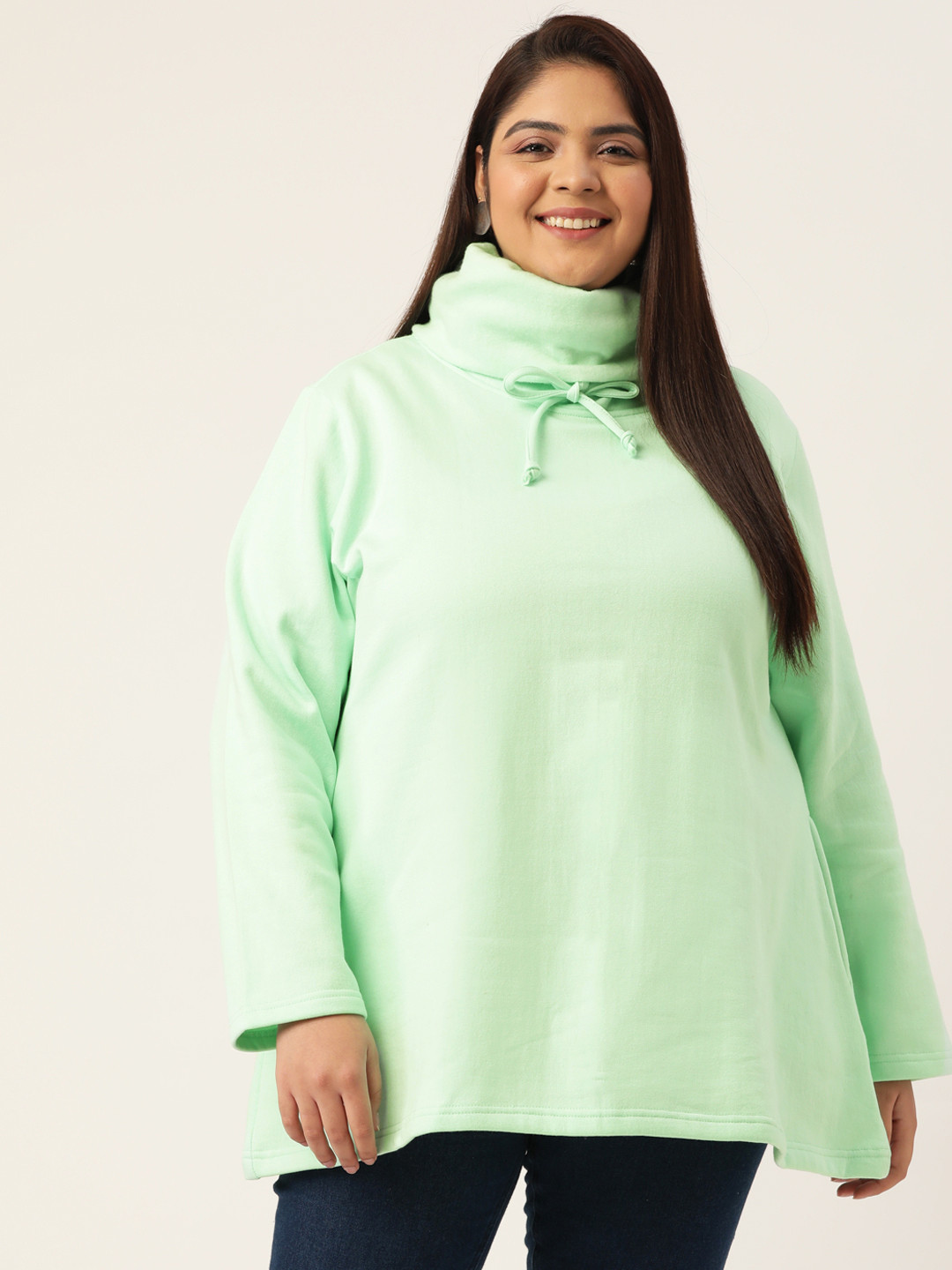

theRebelinme Plus Size Women Sea Green Solid Turtle Neck Sweatshirt