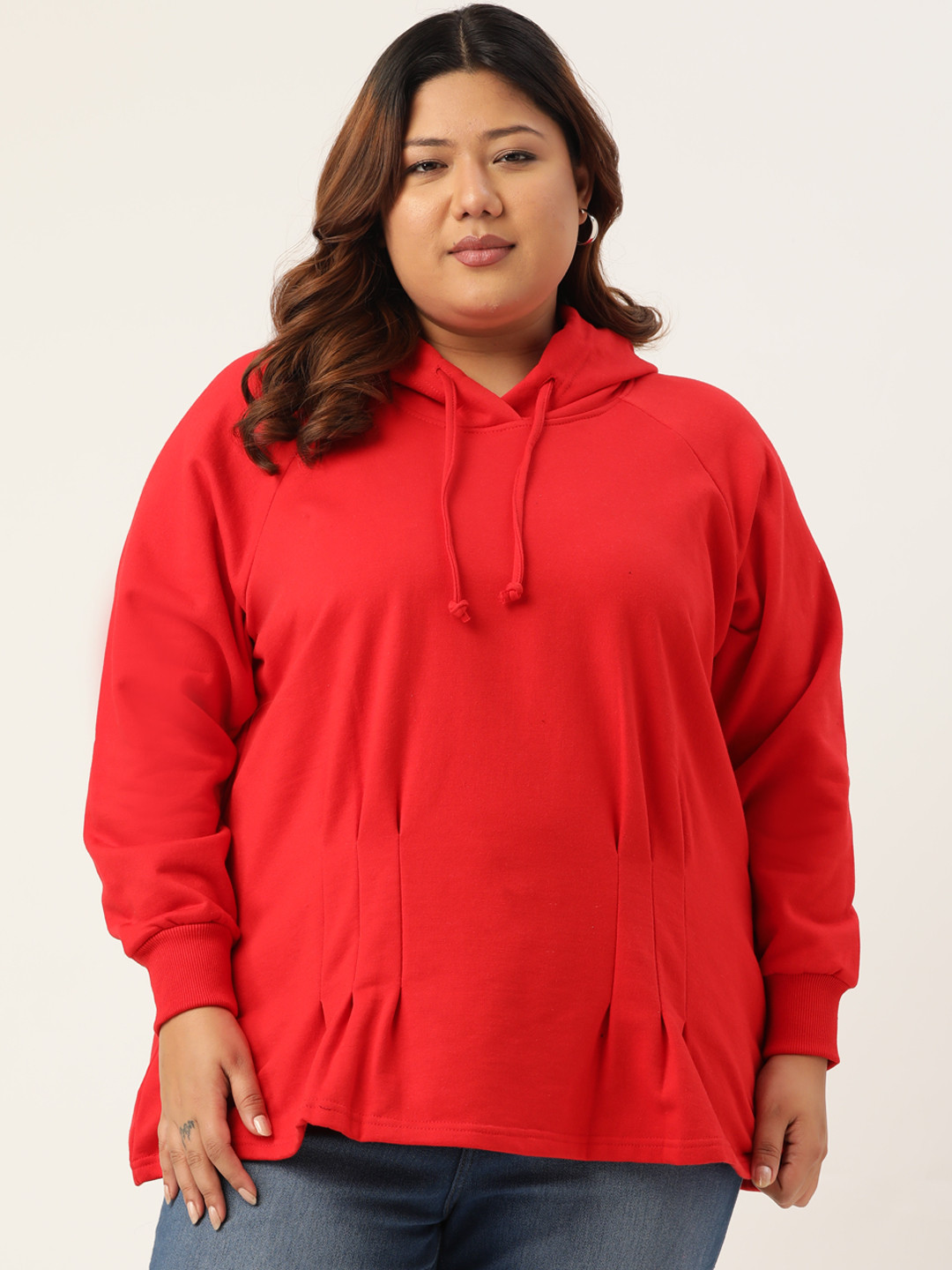 

theRebelinme Plus Size Women Red Solid Hooded Sweatshirt with Pleated Detail