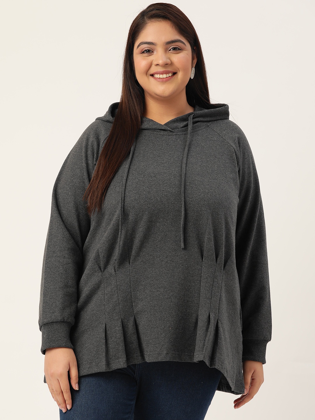 

theRebelinme Plus Size Women Charcoal Hooded Sweatshirt with Pleated Detail