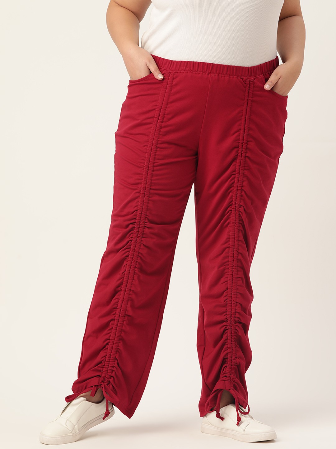 

theRebelinme Plus Size Women Maroon Relaxed Straight Fit High-Rise Pleated Trousers