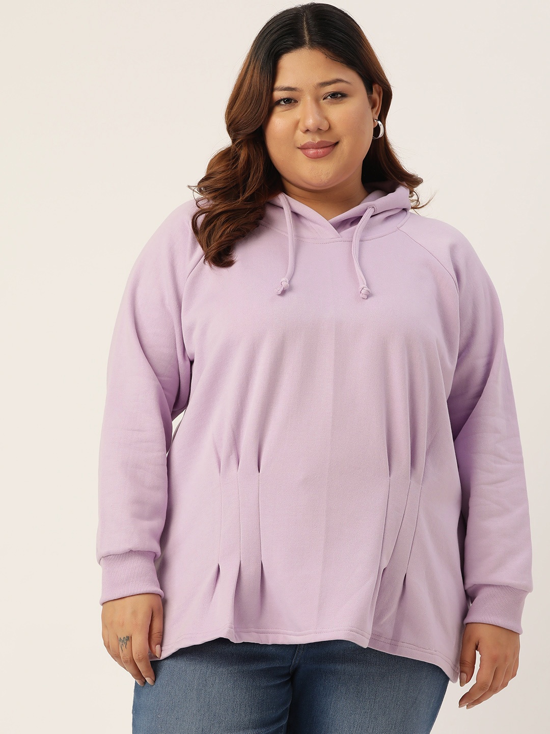 

theRebelinme Plus Size Women Lavender Fleece Solid Hooded Sweatshirt With Pleated Detail