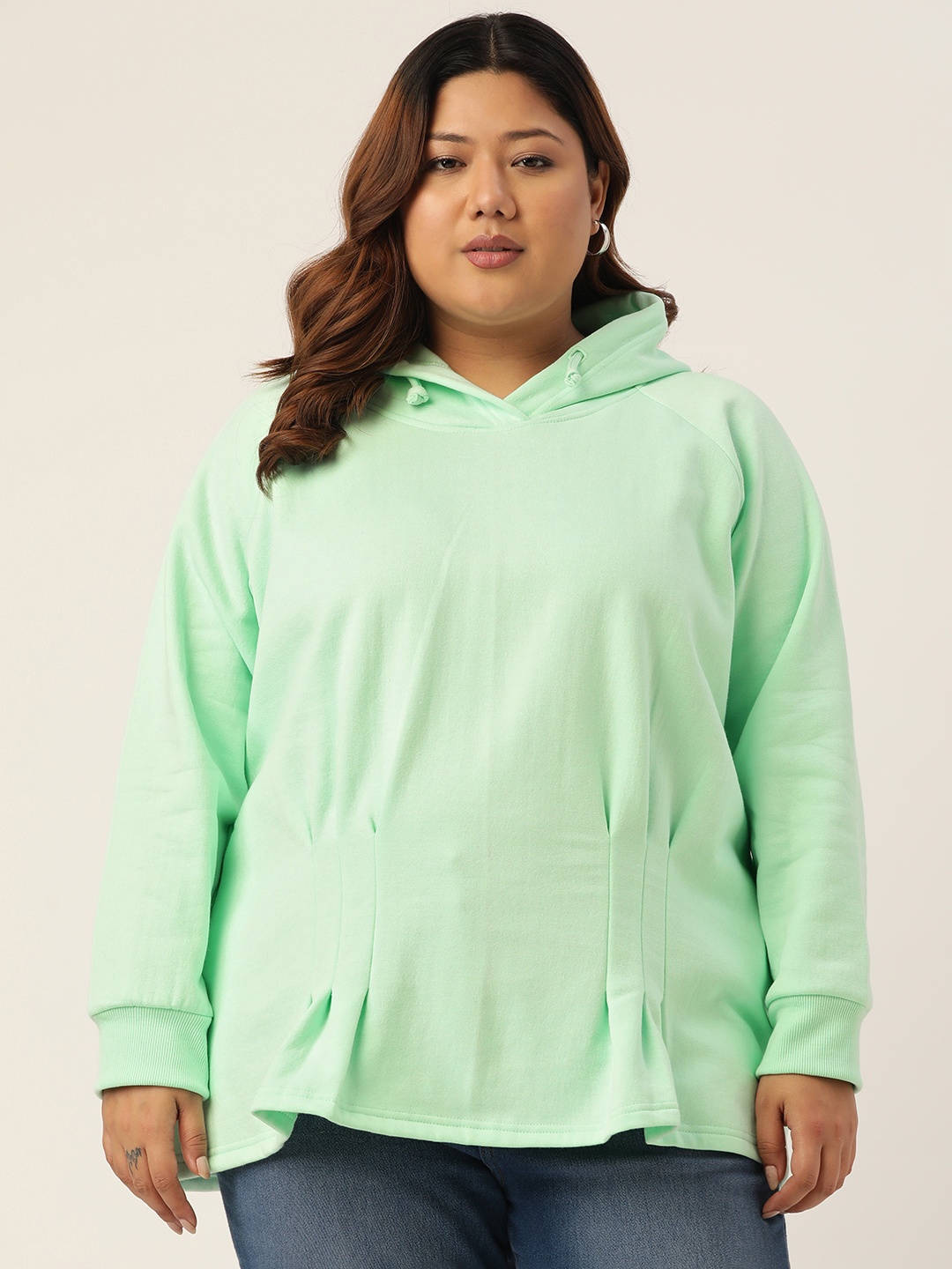 

theRebelinme Plus Size Women Sea Green Fleece Hooded Sweatshirt With Pleated Detail