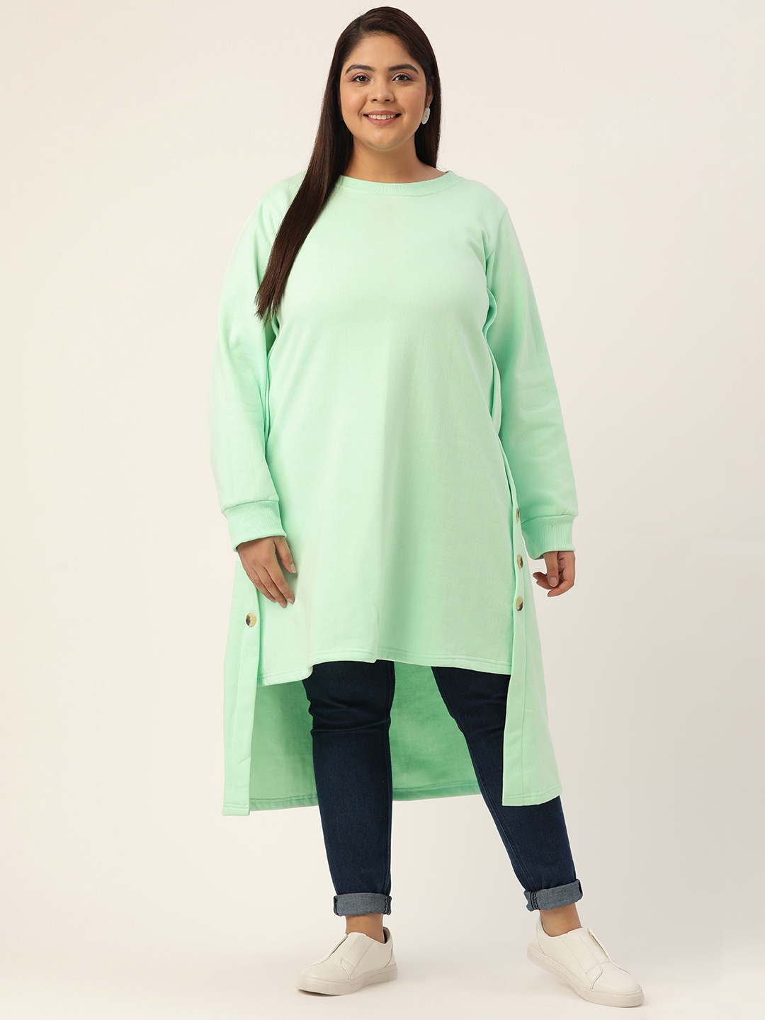 

theRebelinme Plus Size Women Sea Green Fleece Solid Longline Sweatshirt