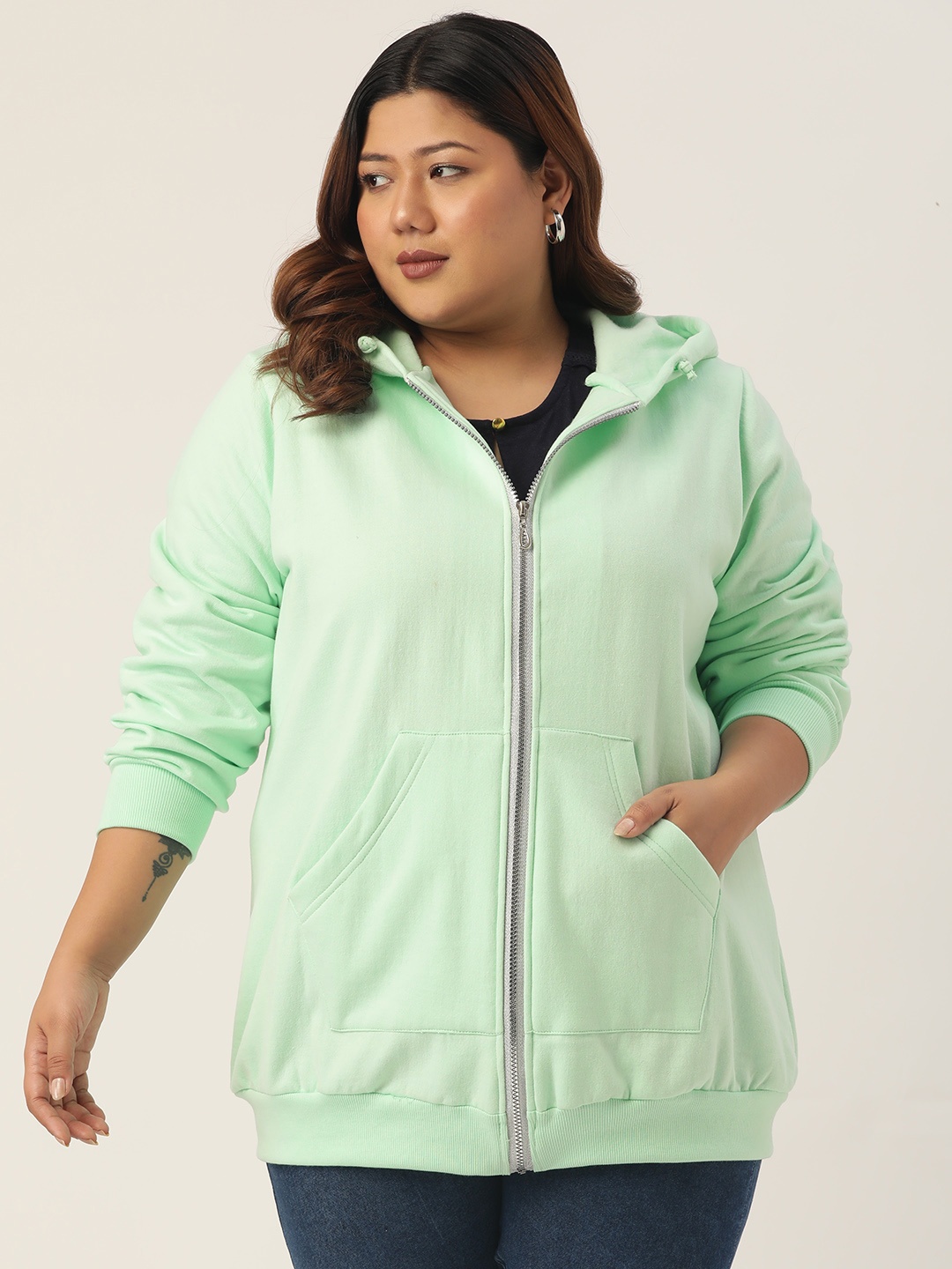 

theRebelinme Women Plus Size Sea Green Fleece Hooded Sweatshirt