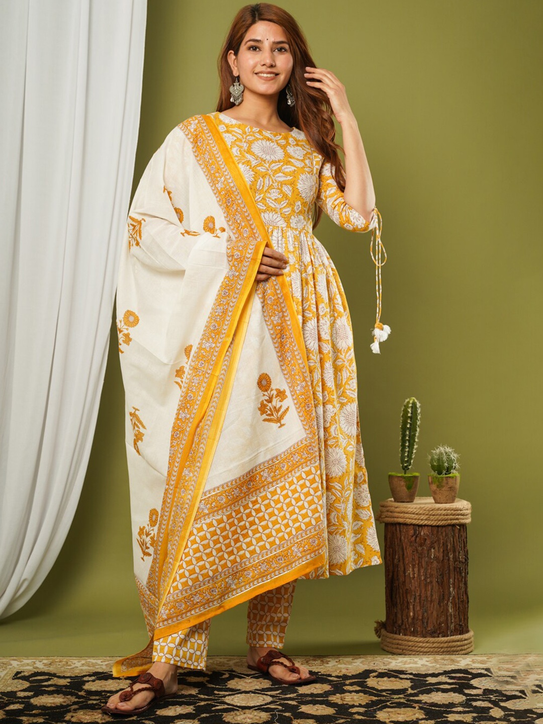 

CRAFTED FOR YOU Women Yellow Printed Pure Cotton A-Line Kurta with Trousers & With Dupatta