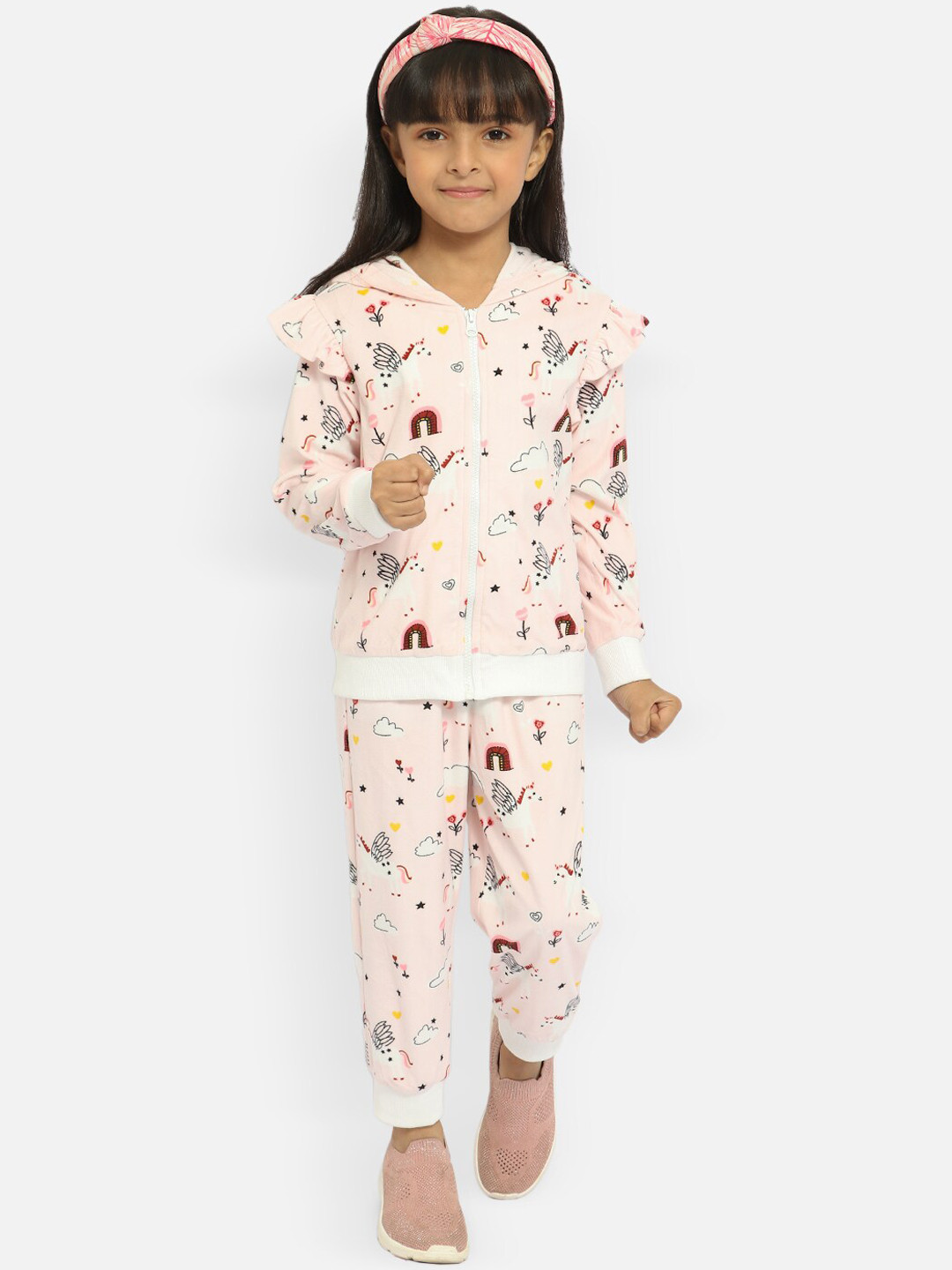 

Nauti Nati Girls Pink Printed Hooded Tracksuits