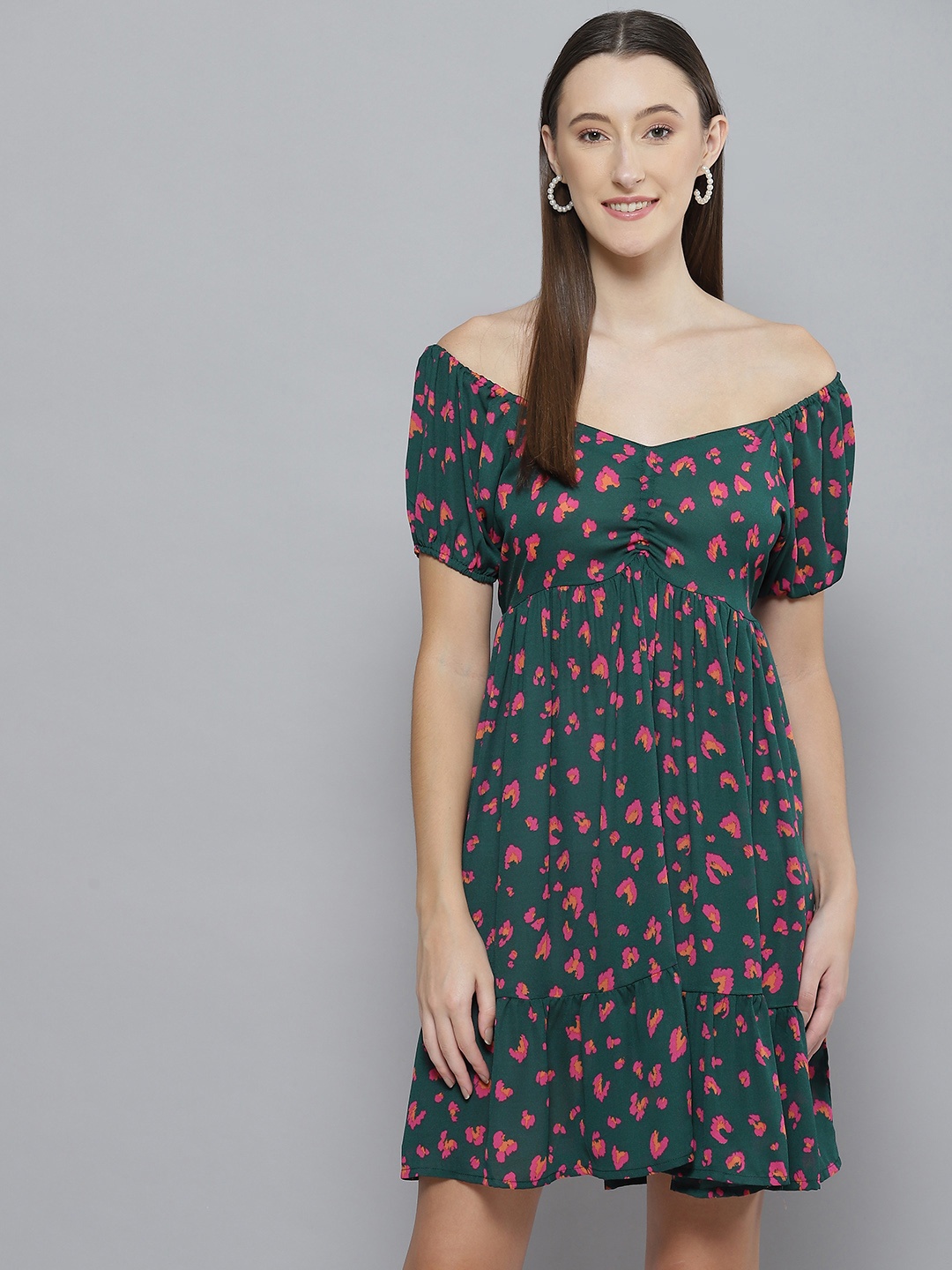 DENNISON Green Floral Off-Shoulder Crepe A-Line Dress