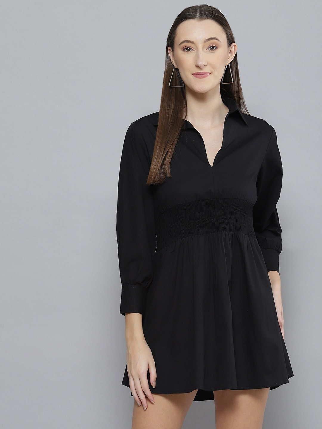 

DENNISON Black Solid Shirt Collar Smocked Mini Dress