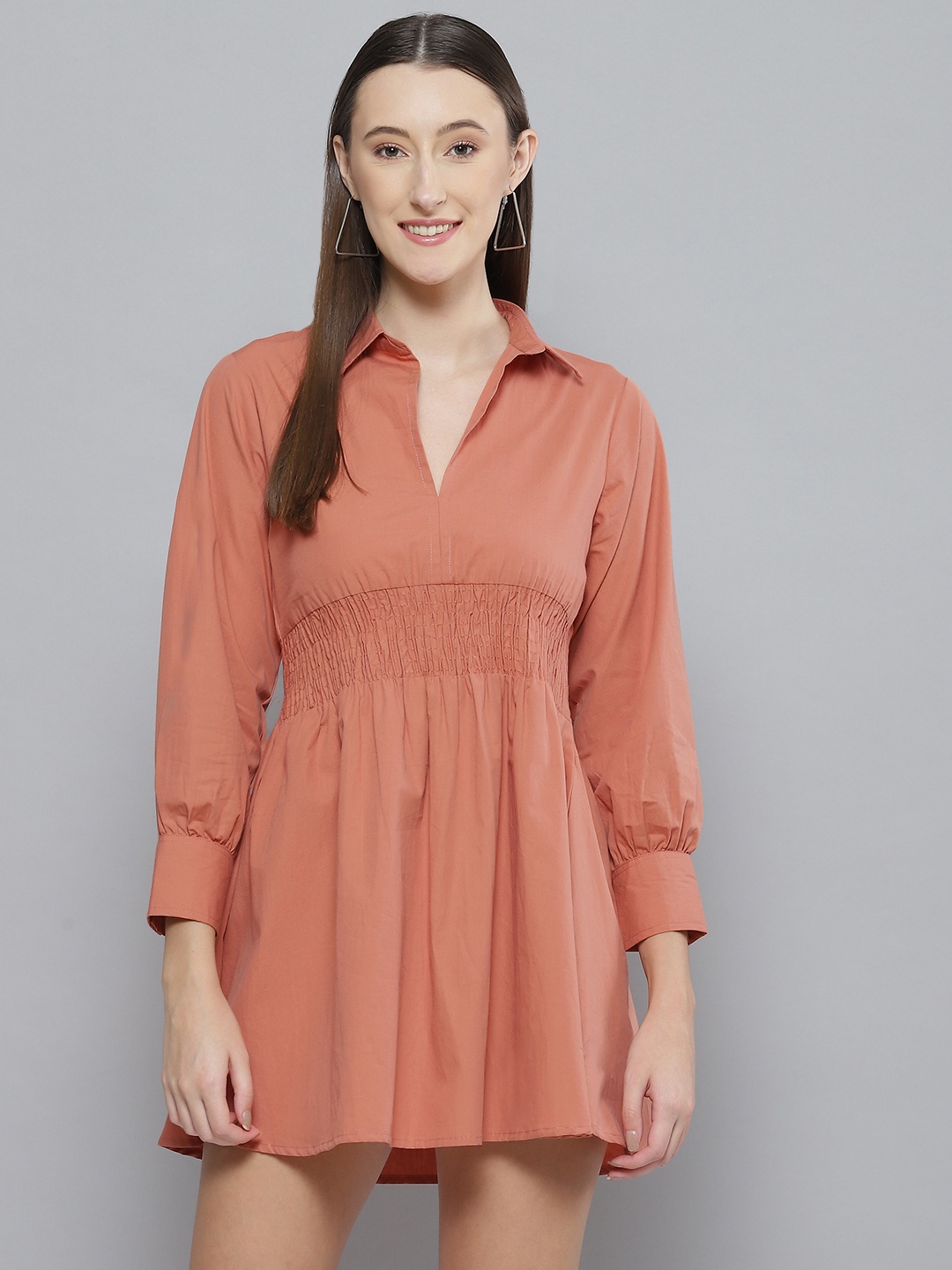 

DENNISON Orange Solid Shirt Collar Smocked Mini Dress