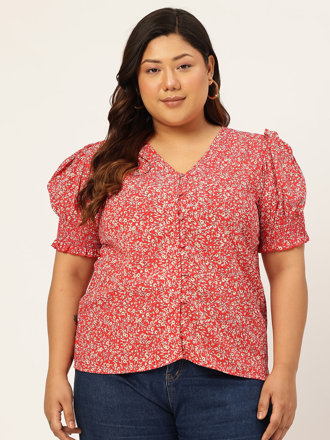 

Berrylush Curve Plus Size Floral Print Puff Sleeves Button-Up Top, Red
