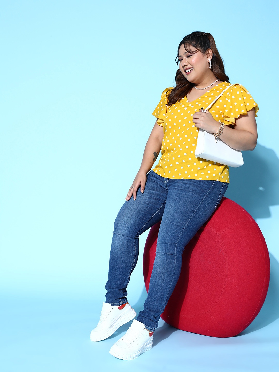 Berrylush Curve Yellow Plus Size Polka Dots Printed Crepe Top