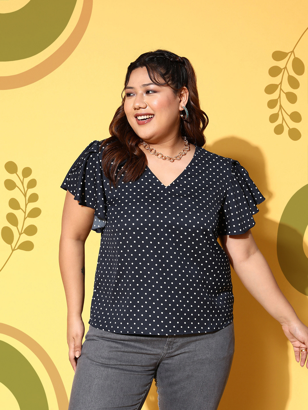 

Berrylush Curve Navy Blue Plus Size Polka Dots Printed Crepe Top
