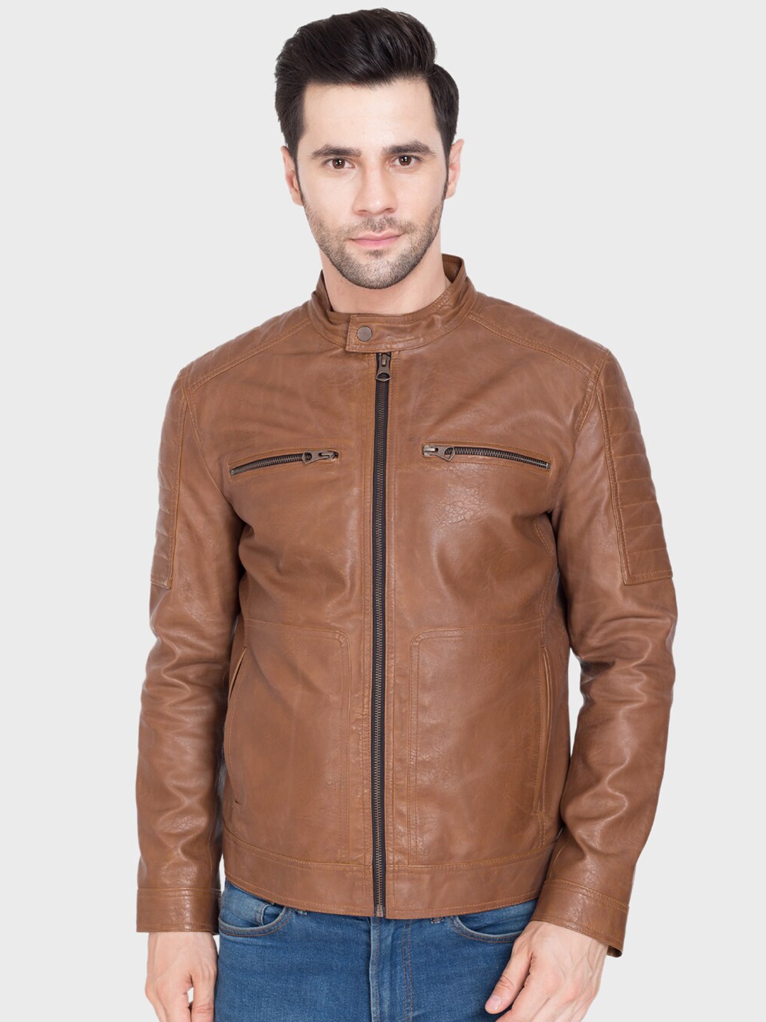 

Justanned Men Faux Leather Lightweight Biker Jacket, Brown