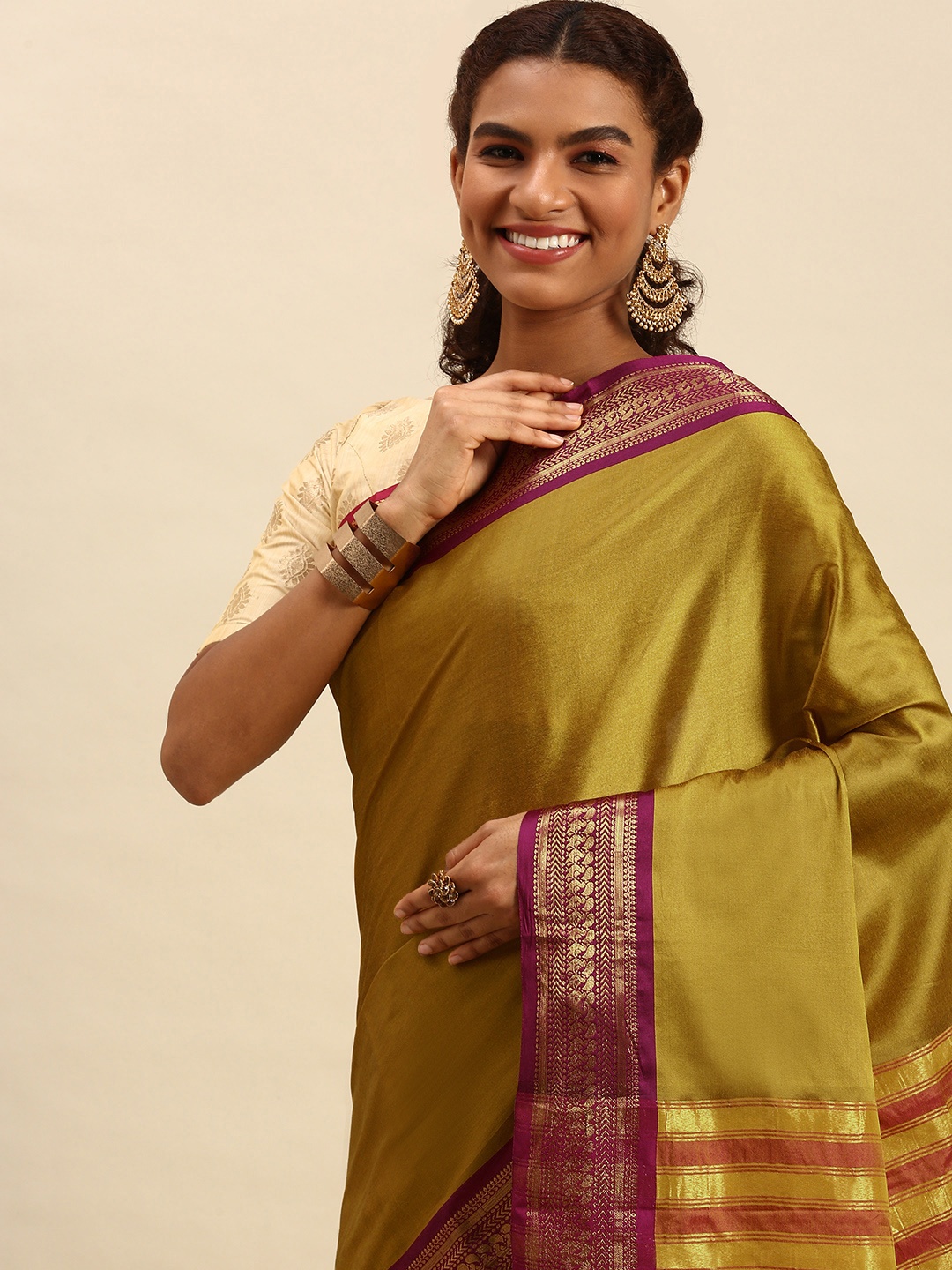 

WILORI Mustard Yellow & Magenta Silk Cotton Mysore Silk Saree