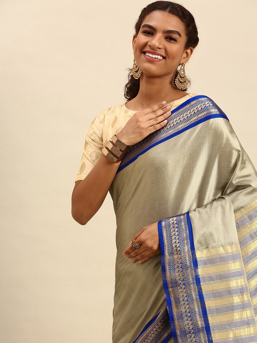 

WILORI Beige & Blue Silk Cotton Mysore Silk Saree
