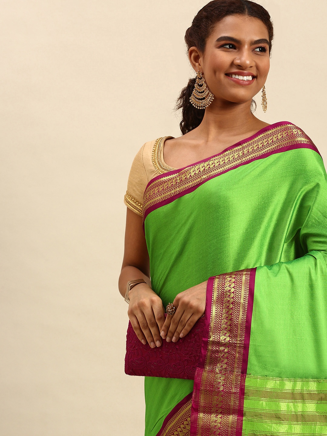 

WILORI Green & Fuchsia Silk Cotton Mysore Silk Saree