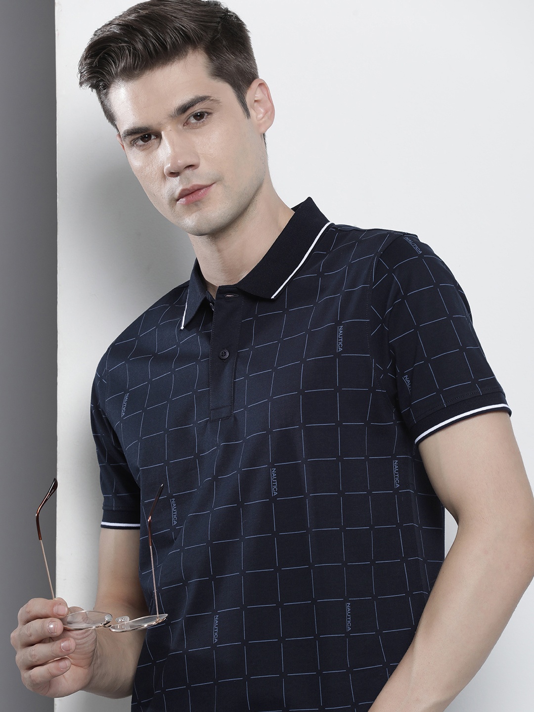 

Nautica Brand Logo Printed Polo Collar Pure Cotton T-shirt, Navy blue