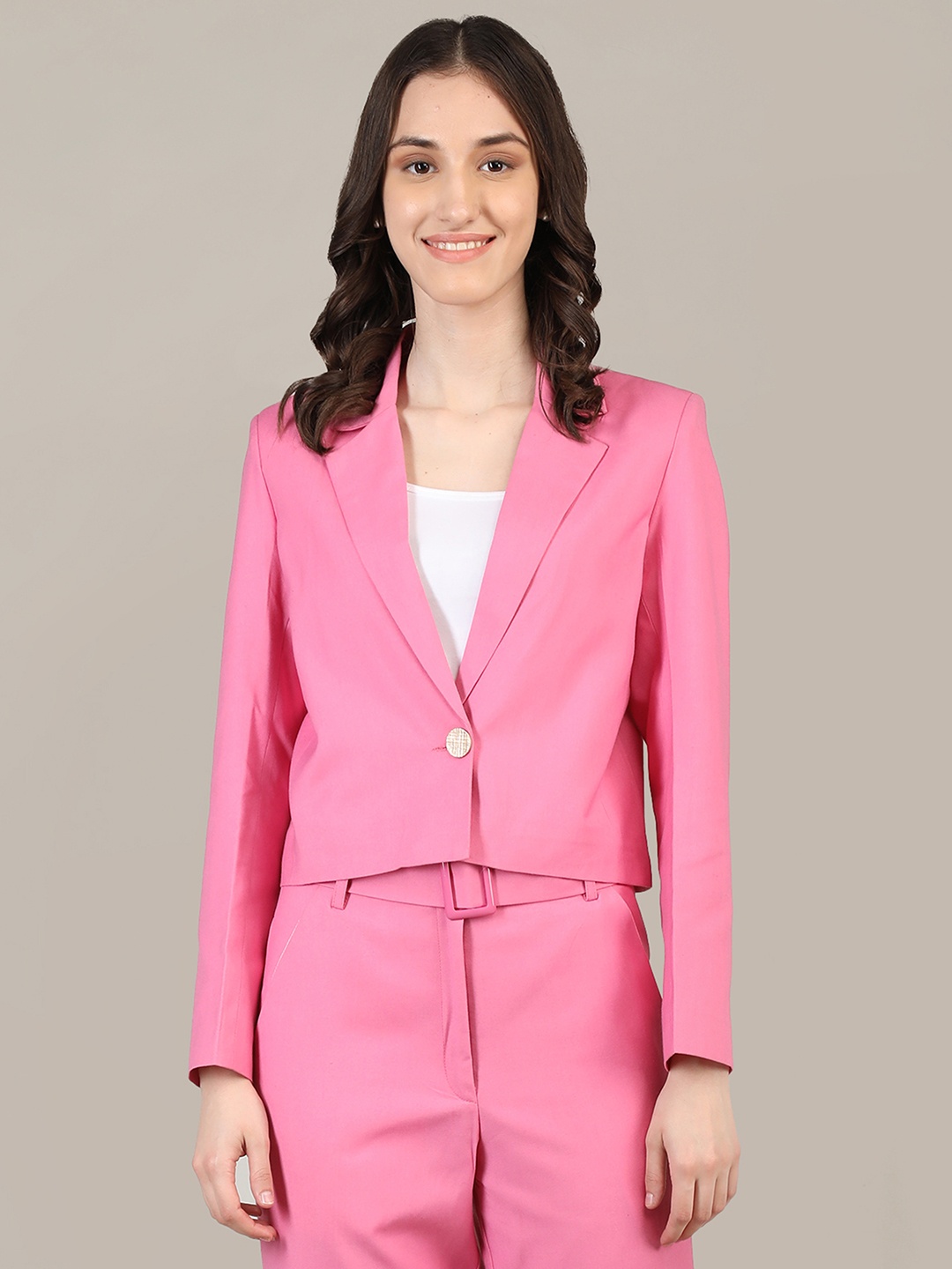 

Dlanxa Women Pink Solid Single-Breasted Crop Blazer