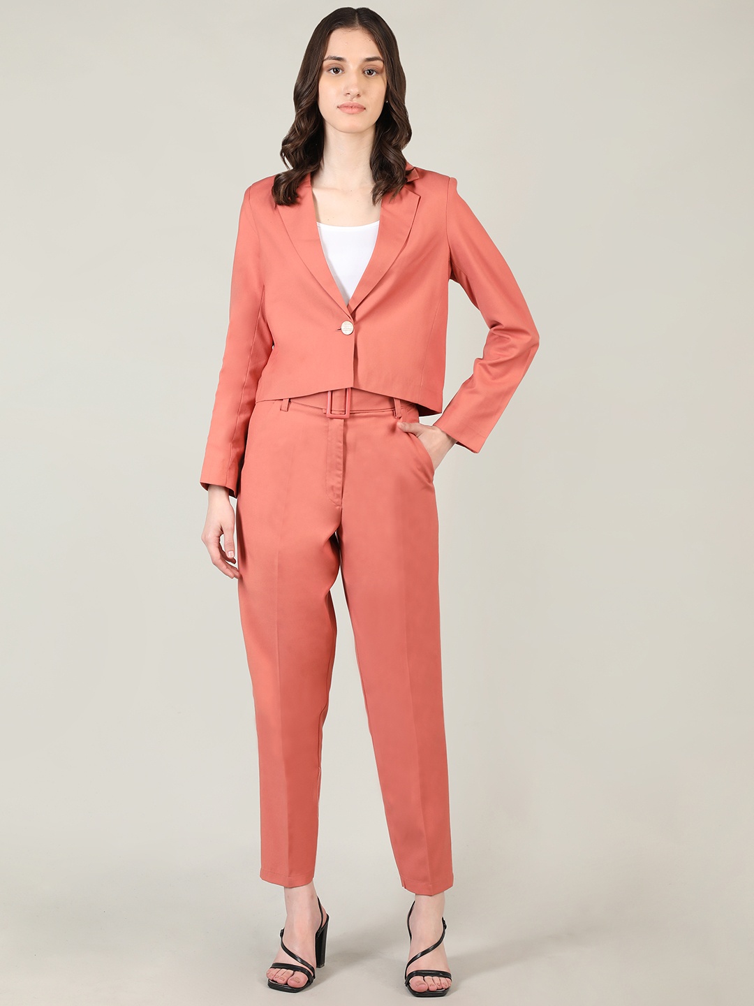 

Dlanxa Women Peach Rust Solid Single Breasted Two Piece Suits