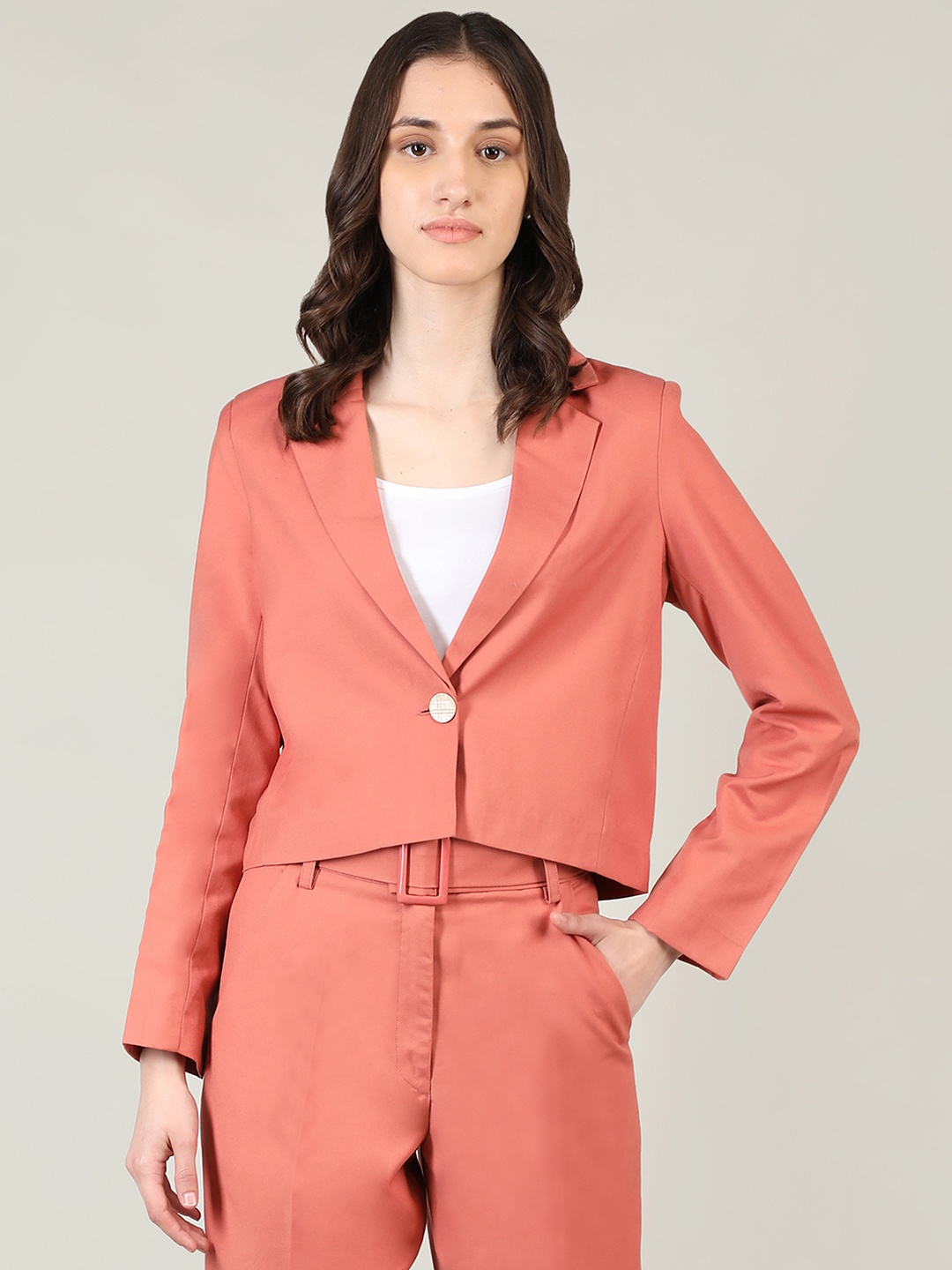 

Dlanxa Women Peach Solid Single-Breasted Crop Blazer