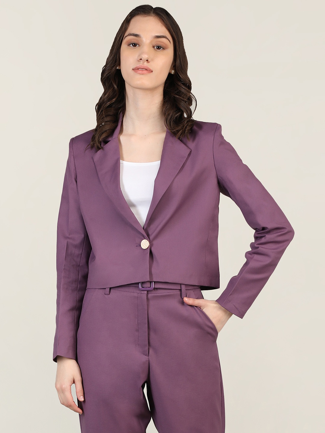 

Dlanxa Women Purple Solid Single-Breasted Crop Blazer