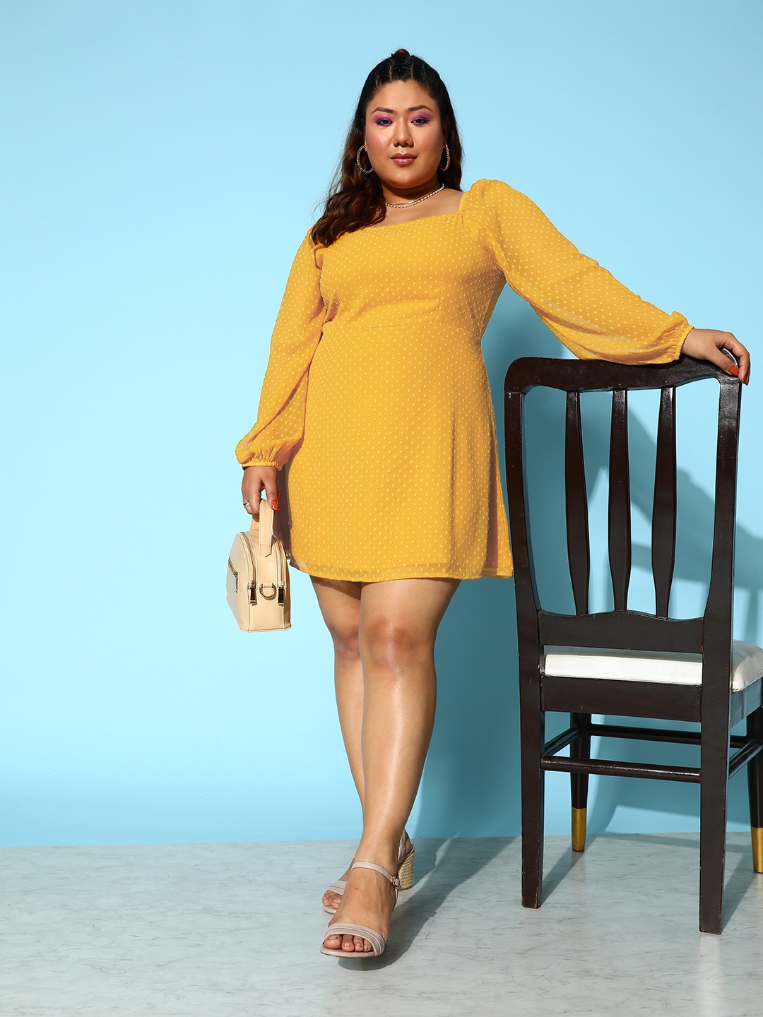 

Berrylush Curve Plus Size Yellow Georgette A-Line Mini Dress