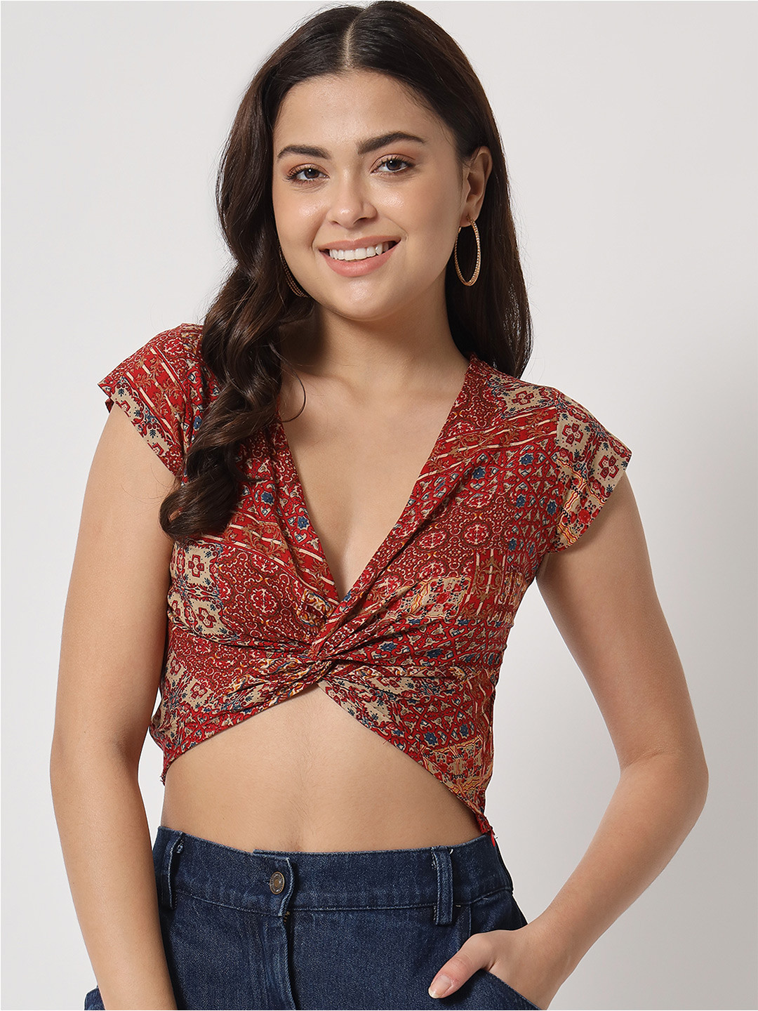 

Orchid Blues Women Maroon & Brown Printed Pure Cotton Wrap Crop Top