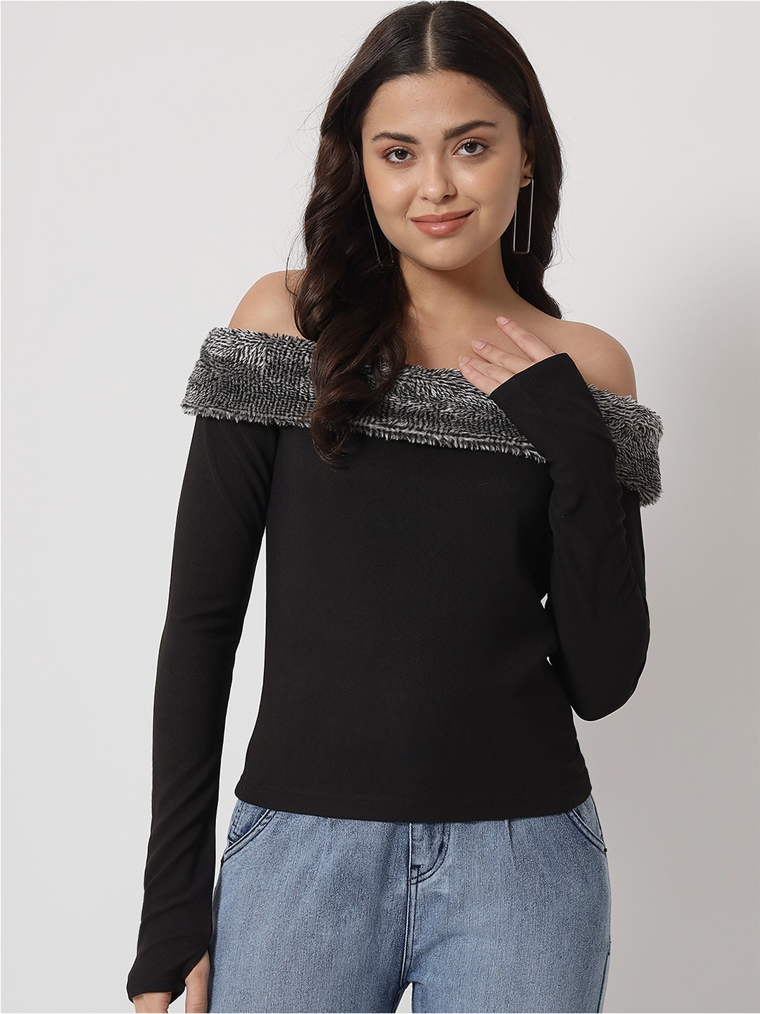 

Orchid Blues Women Black Solid Off-Shoulder Bardot Top