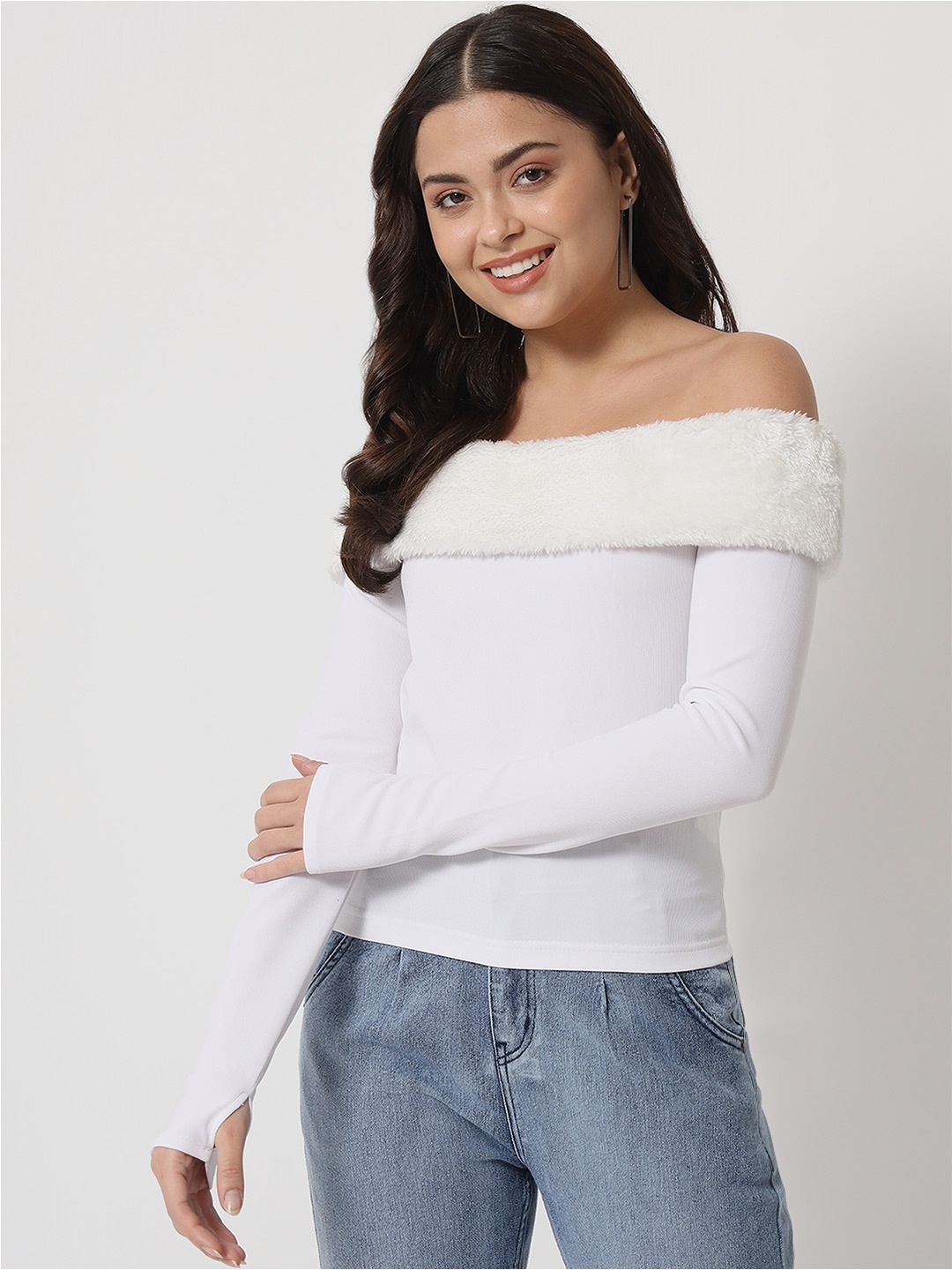 

Orchid Blues Women White Solid Off-Shoulder Bardot Top