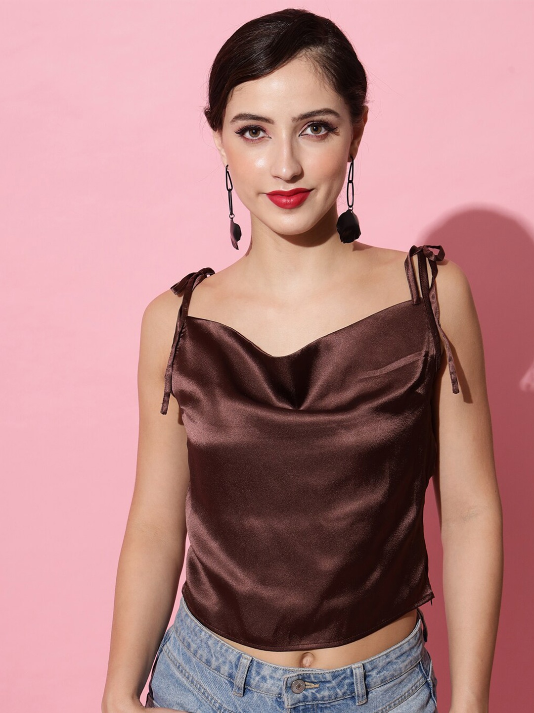 

Trend Arrest Women Brown Cowl Neck Satin Top