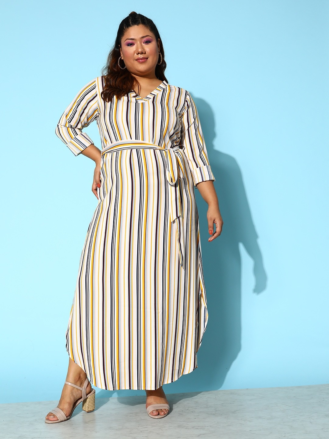 

Berrylush Curve Plus Size Multicoloured Striped Crepe Maxi Dress, Multi
